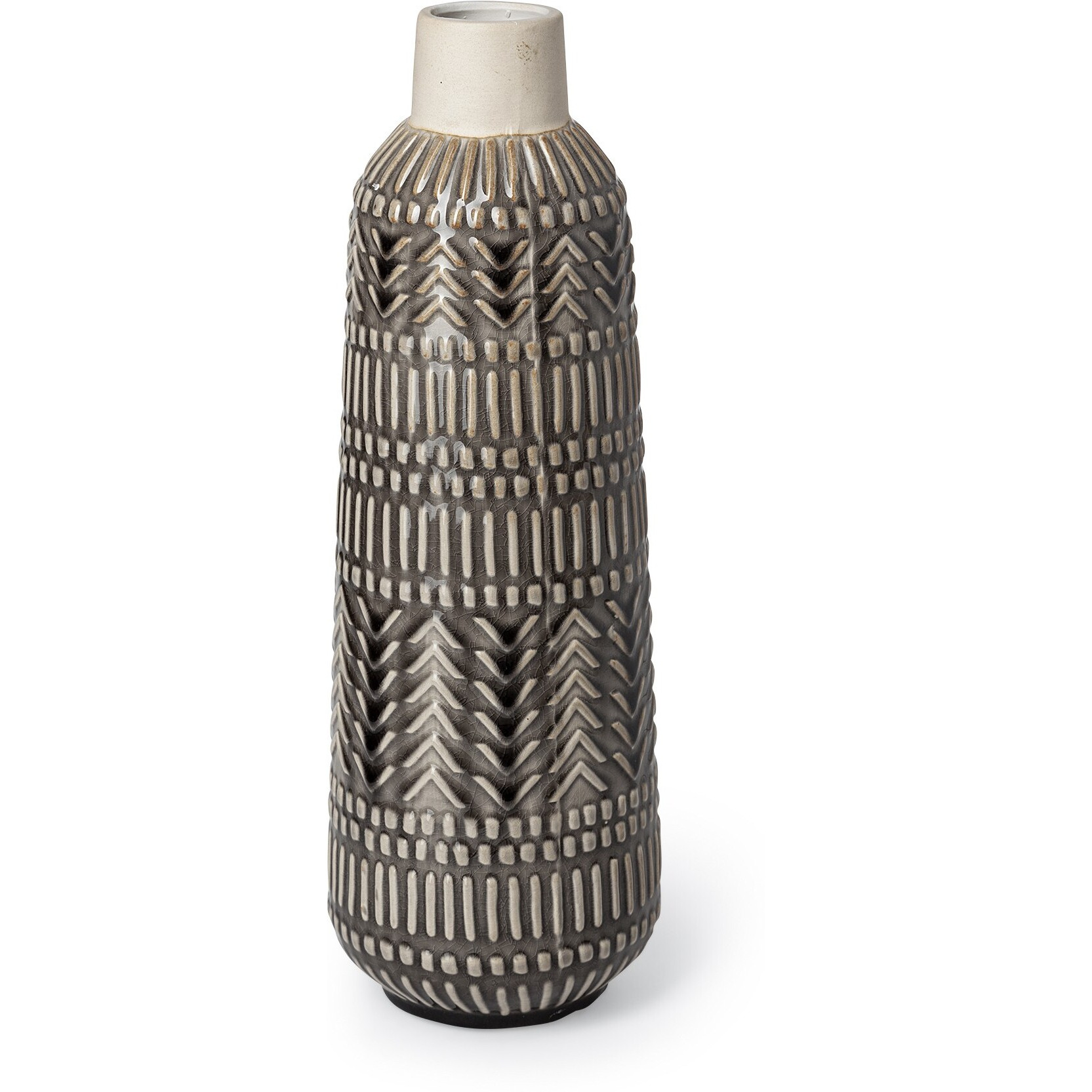 14"" Black And Cream Organic Glaze Chevron Embossed Ceramic Vase