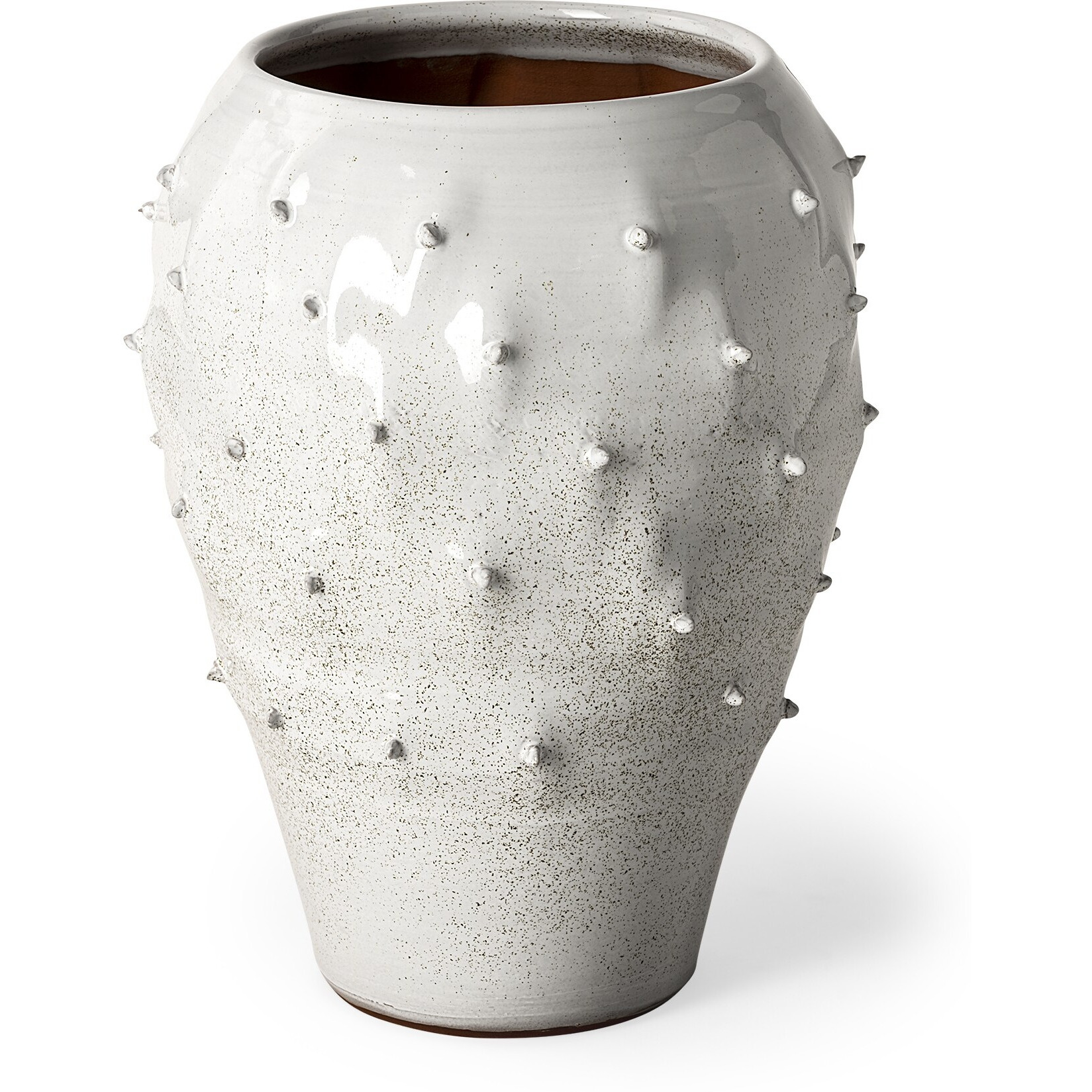 14"" White Spiked Organic Glaze Large Mouth Ceramic Vase