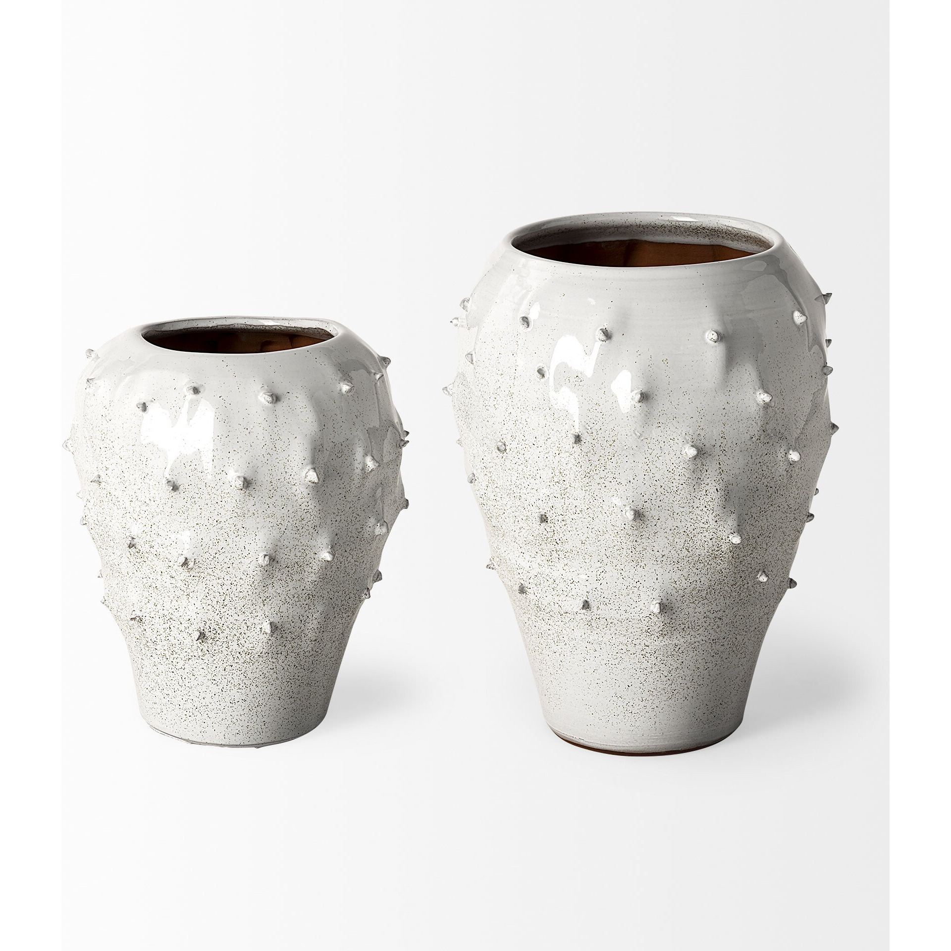 14"" White Spiked Organic Glaze Large Mouth Ceramic Vase