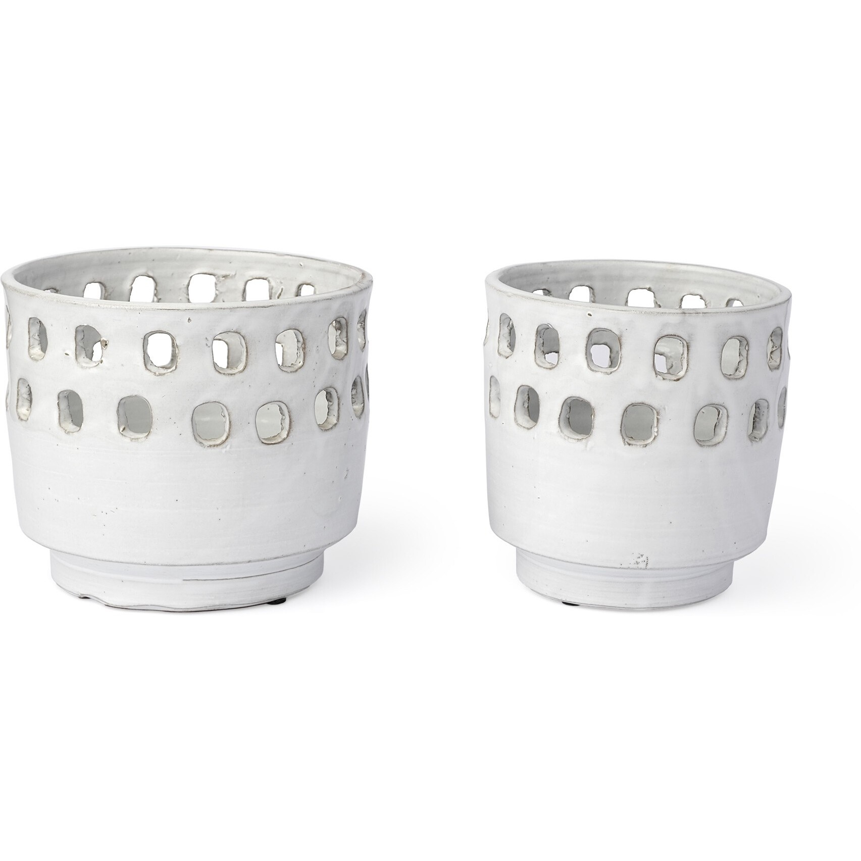 Set Of Two White Ceramic Vases With Hollow Details