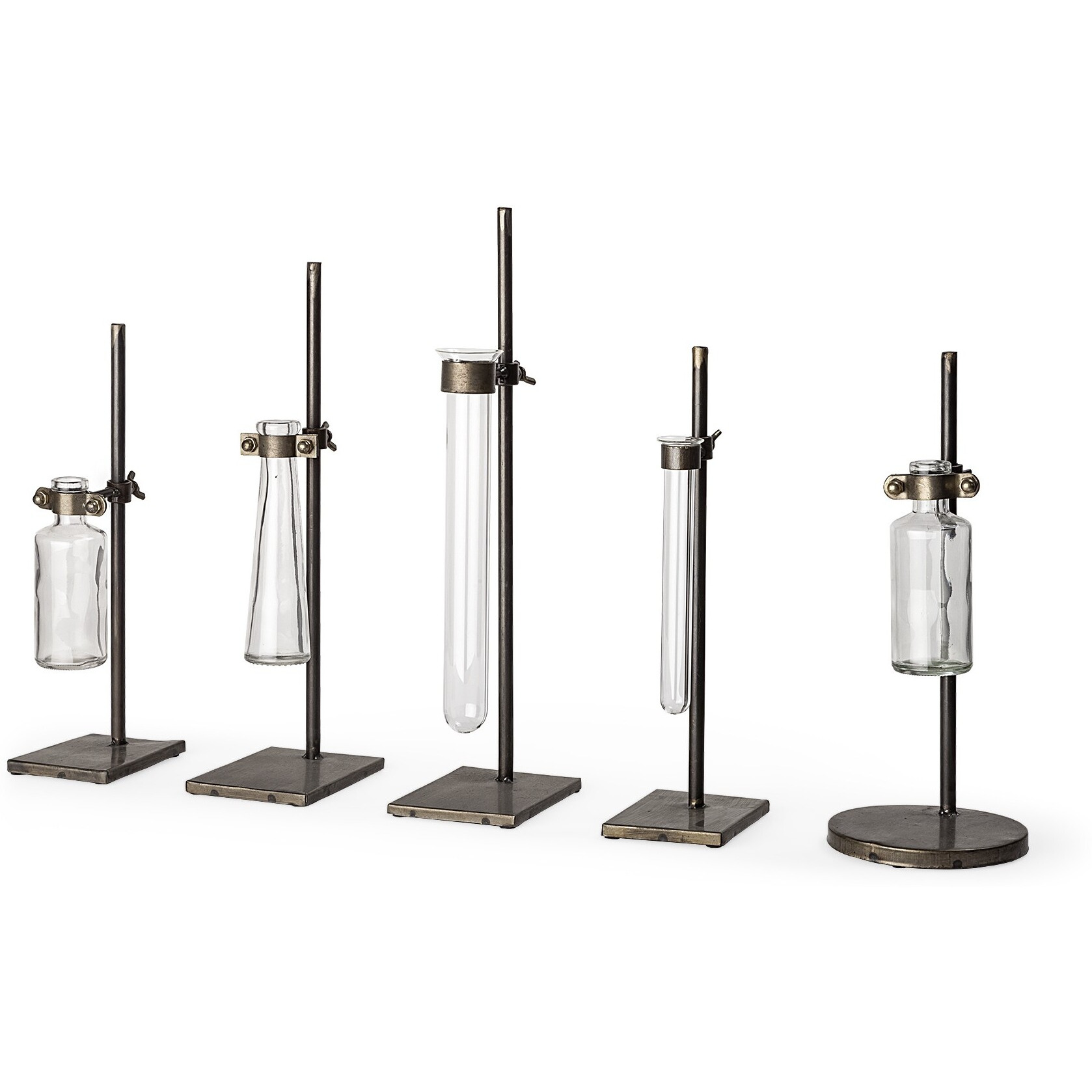 Set Of Five Test Tube Vases With Metal Bases