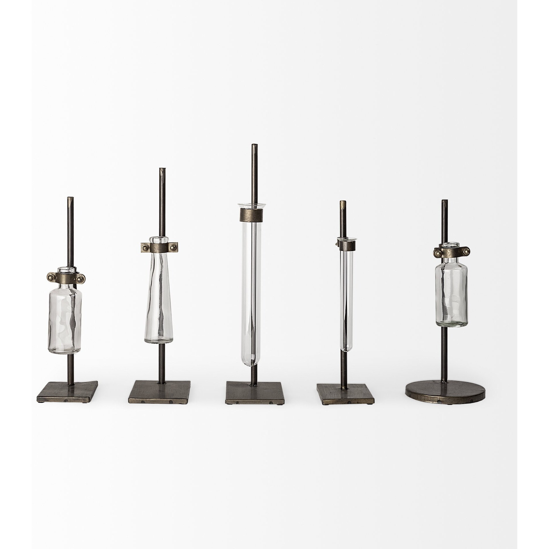 Set Of Five Test Tube Vases With Metal Bases