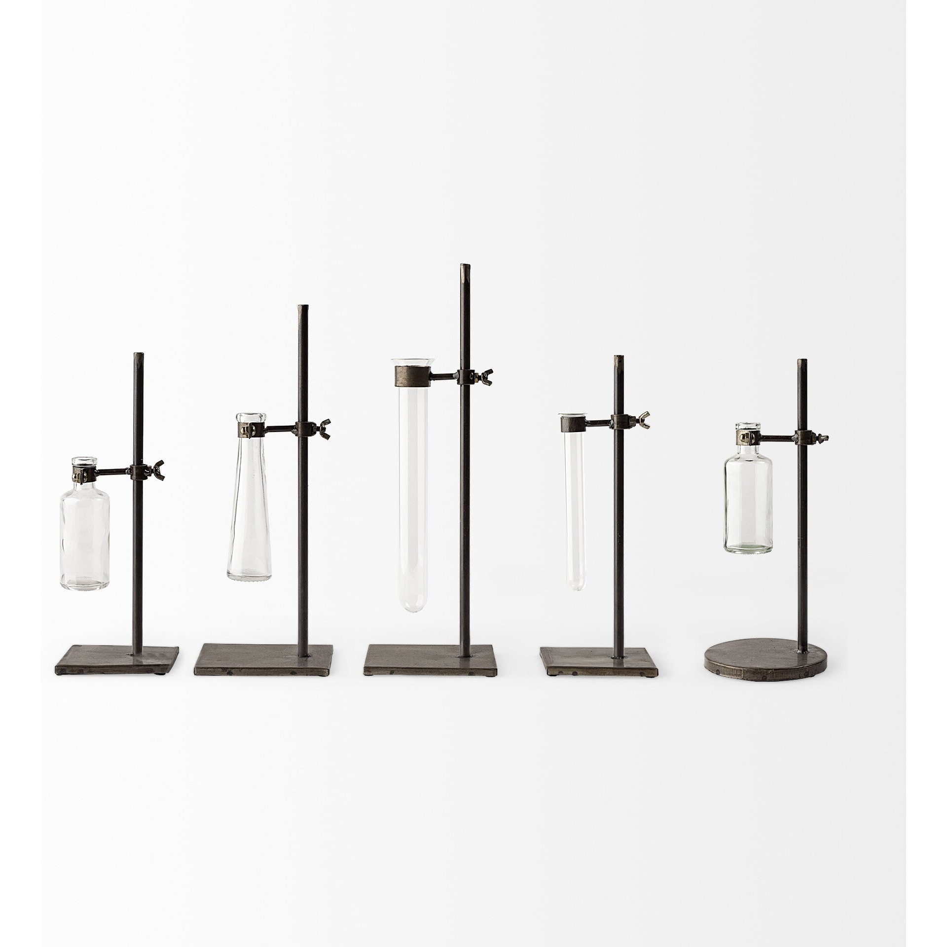 Set Of Five Test Tube Vases With Metal Bases