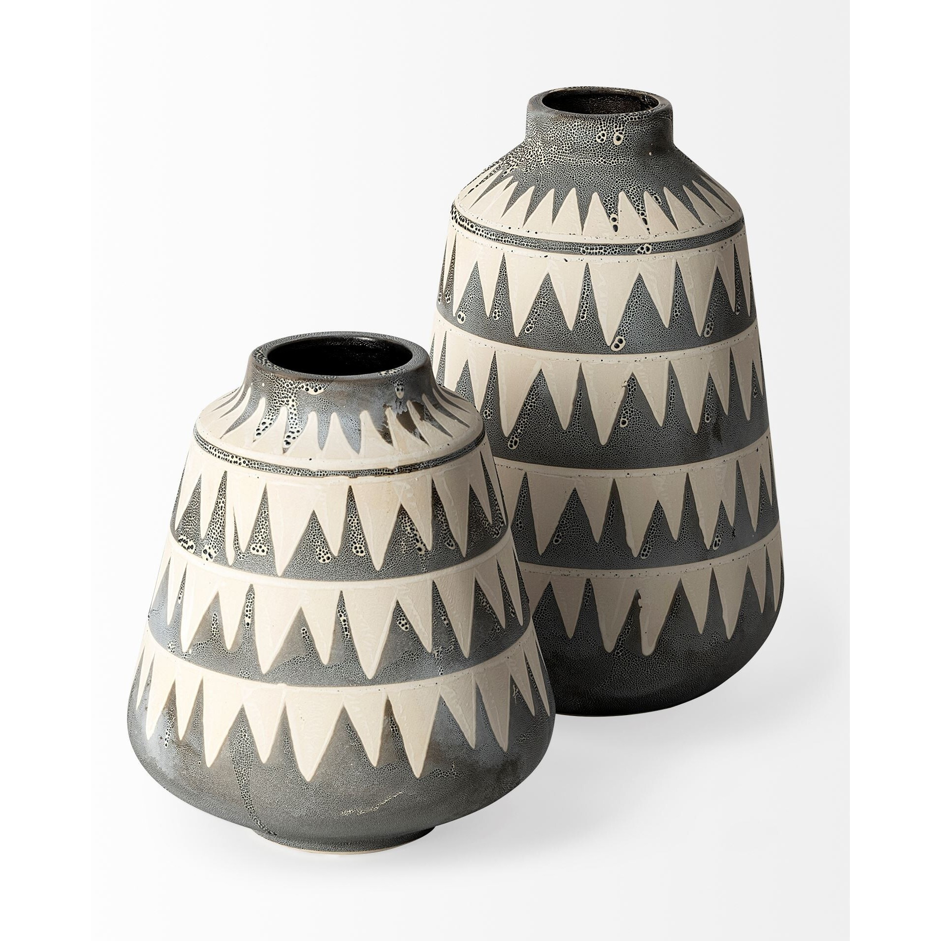 10"" Gray And Ivory Triangle Pattern Ceramic Vase