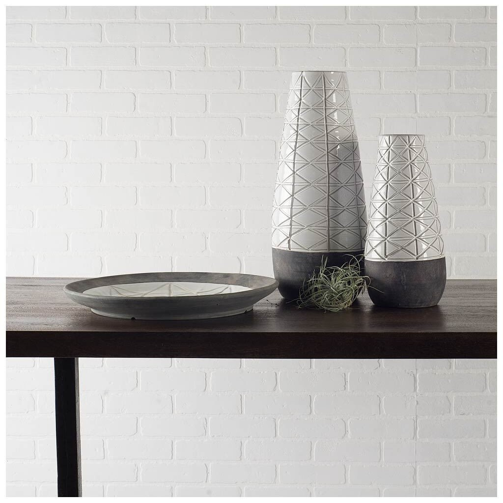 Textured White Over Dark Clay Carved Ceramic Vase