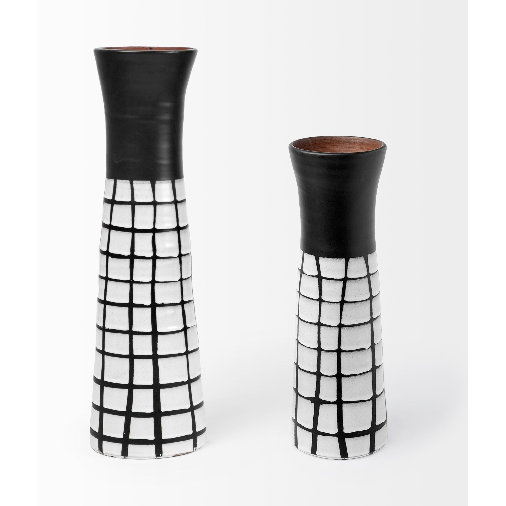 24"" Black And White Modern Grid Ceramic Vase