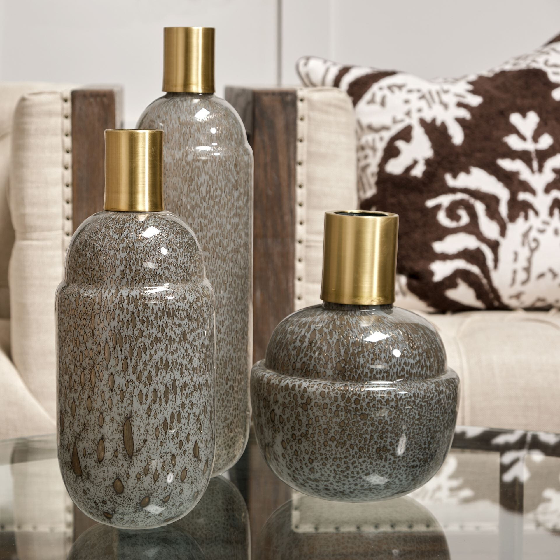 12"" Cream Brown And Gold Glass Vase