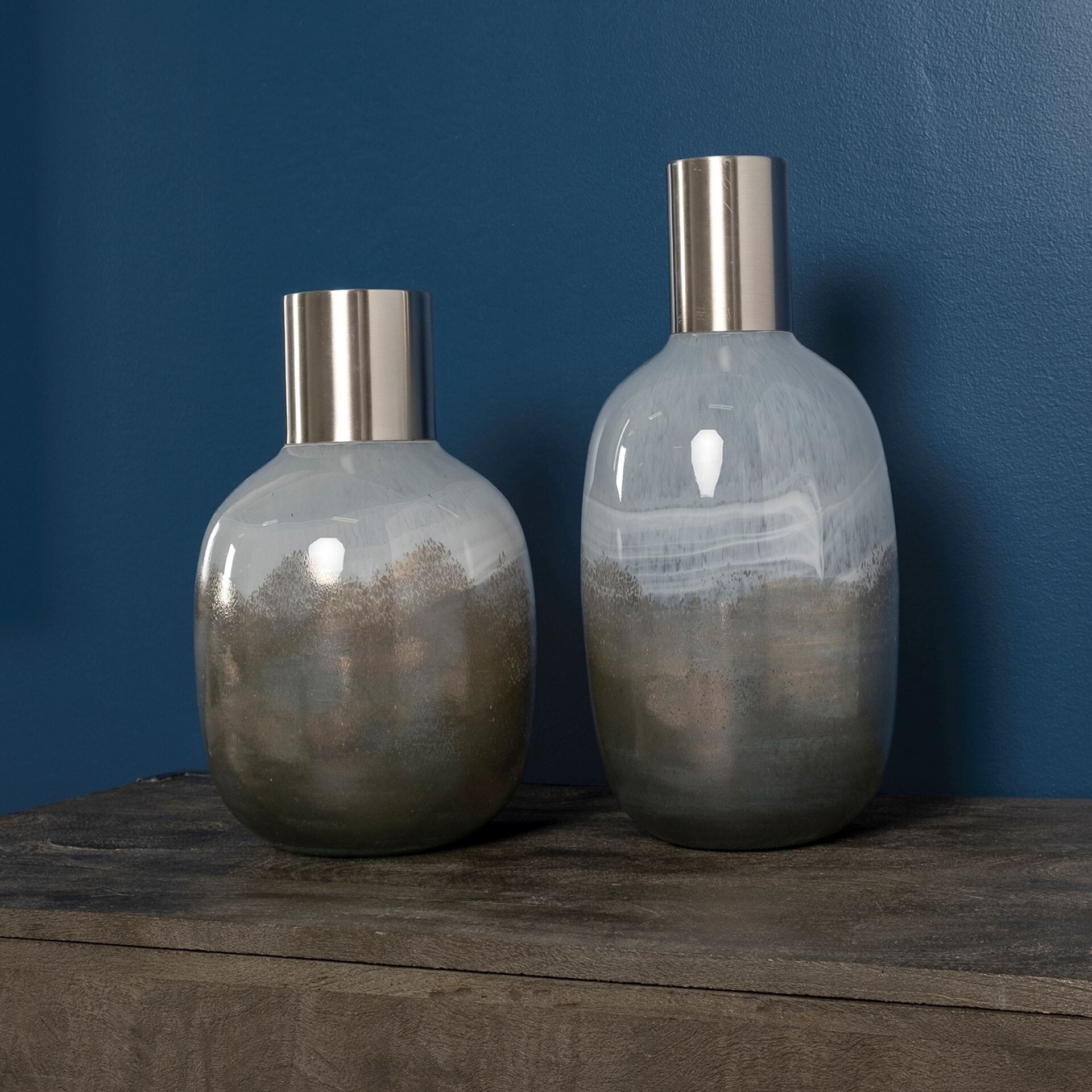 16"" Cream And Brown Ombre Glass Vase With Dark Bronze Top
