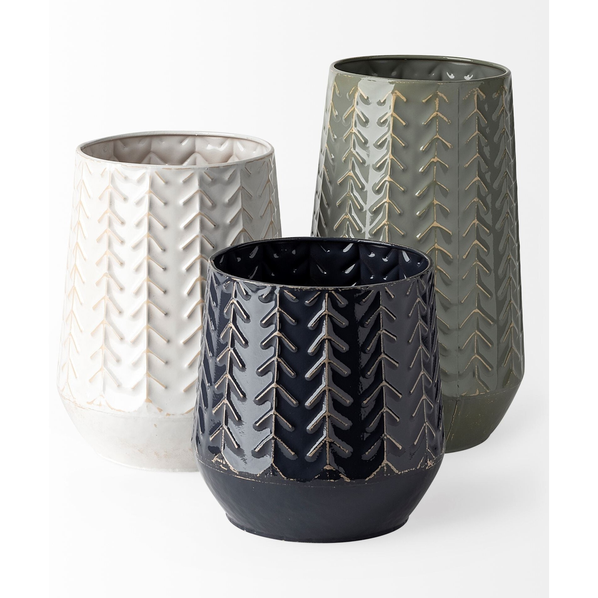 9"" White Organically Embossed Chevron Metal Vase