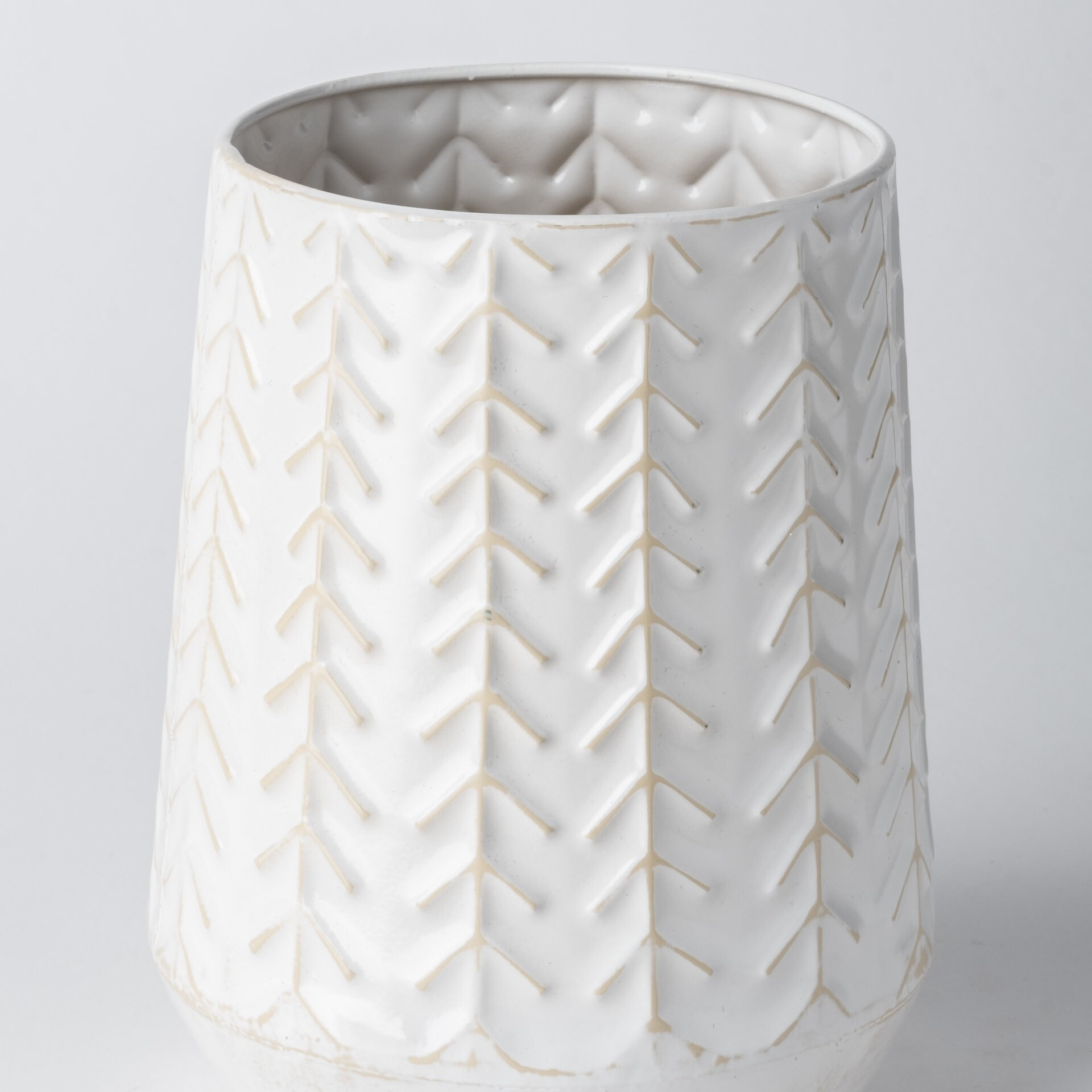9"" White Organically Embossed Chevron Metal Vase
