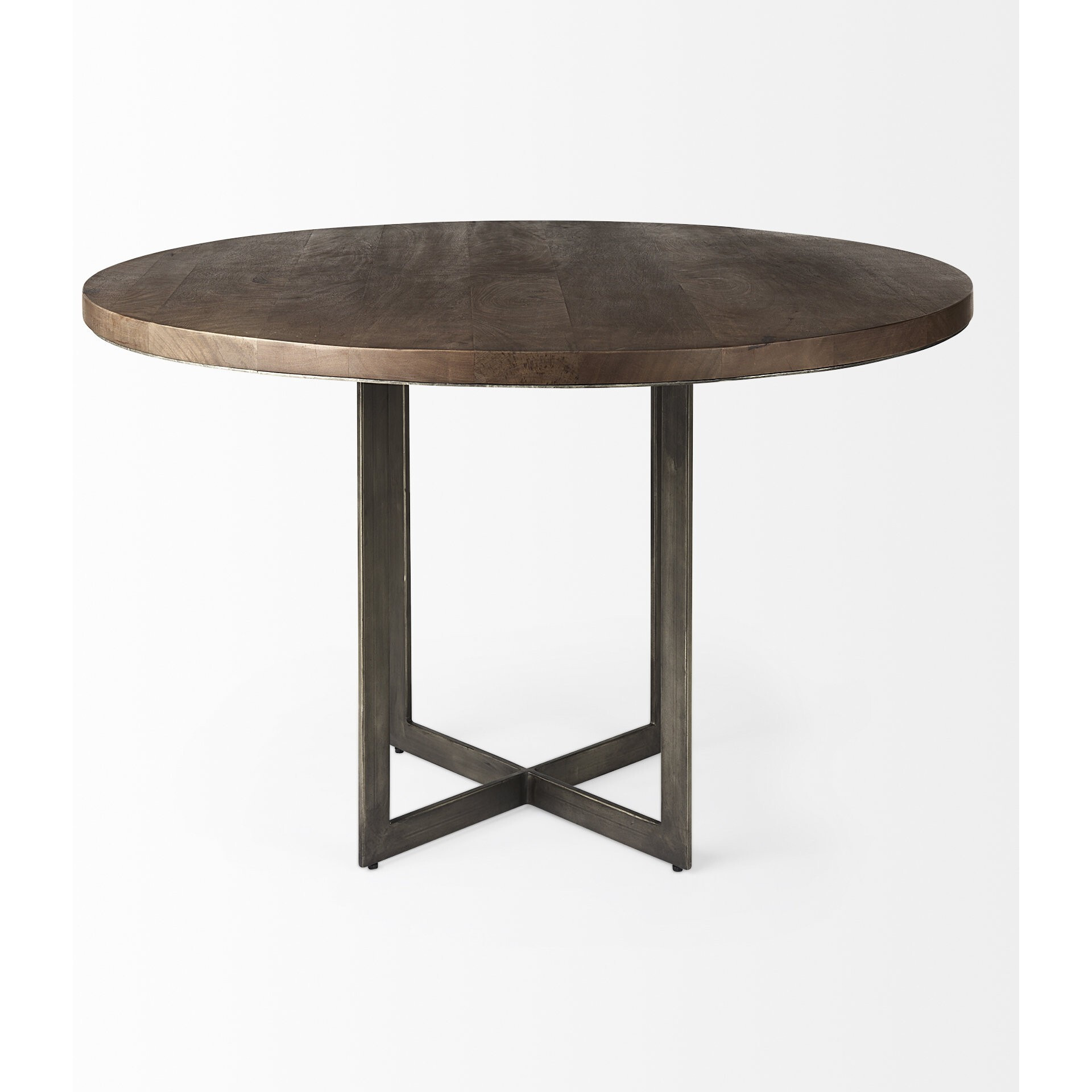Rustic Brown Round Wood And Metal Dining Table