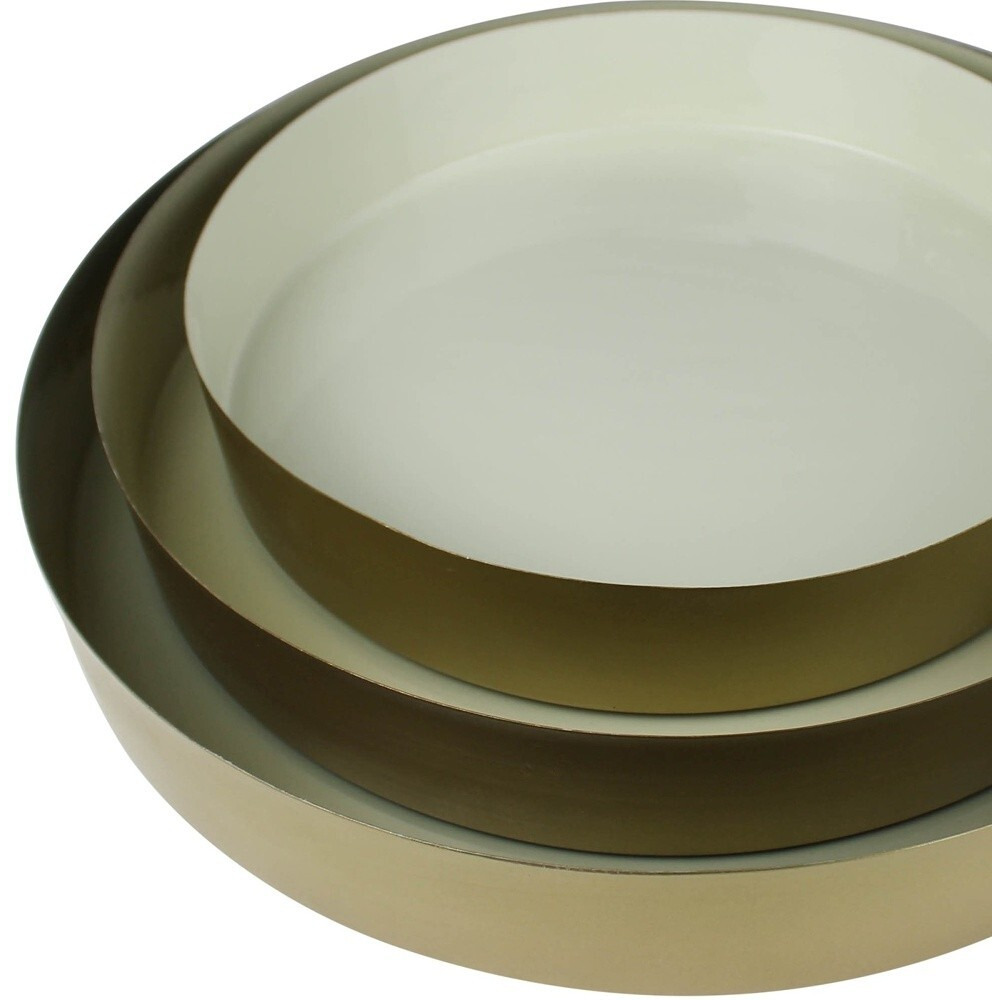 Set Of Three Gold And Beige Metal Round Trays