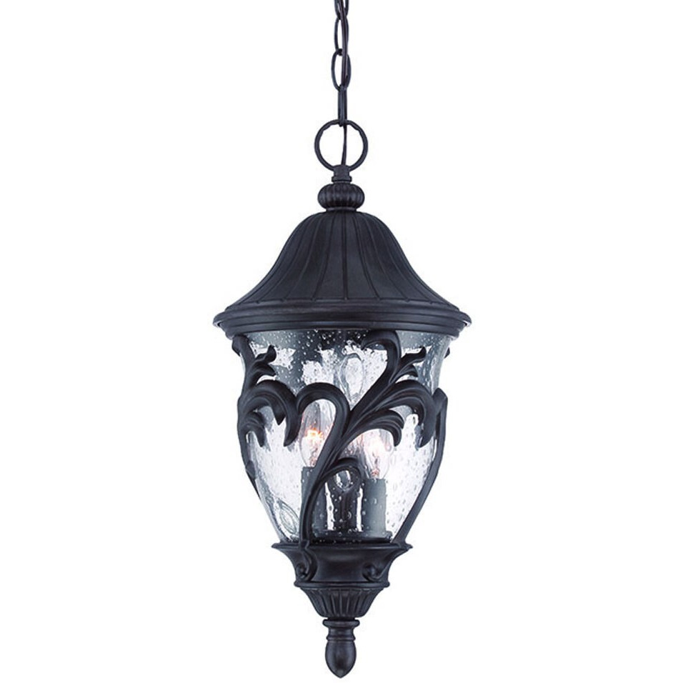 Three Light Matte Black Leaf Detail Hanging Light
