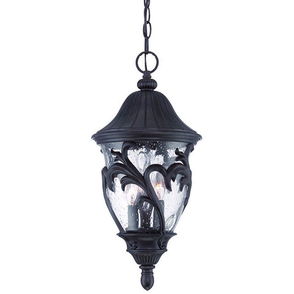 Three Light Matte Black Leaf Detail Hanging Light