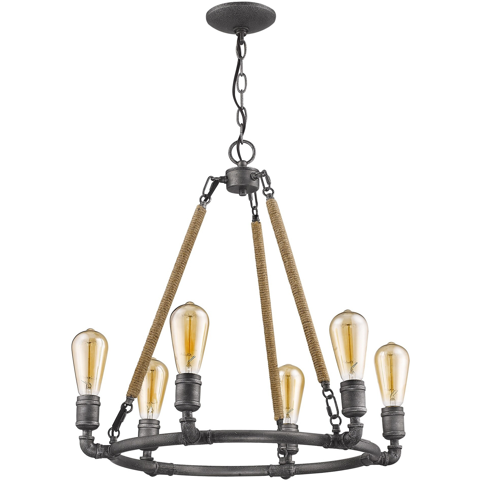 Grayson 6-Light Antique Gray Chandelier With Jute Wrapped Uprights