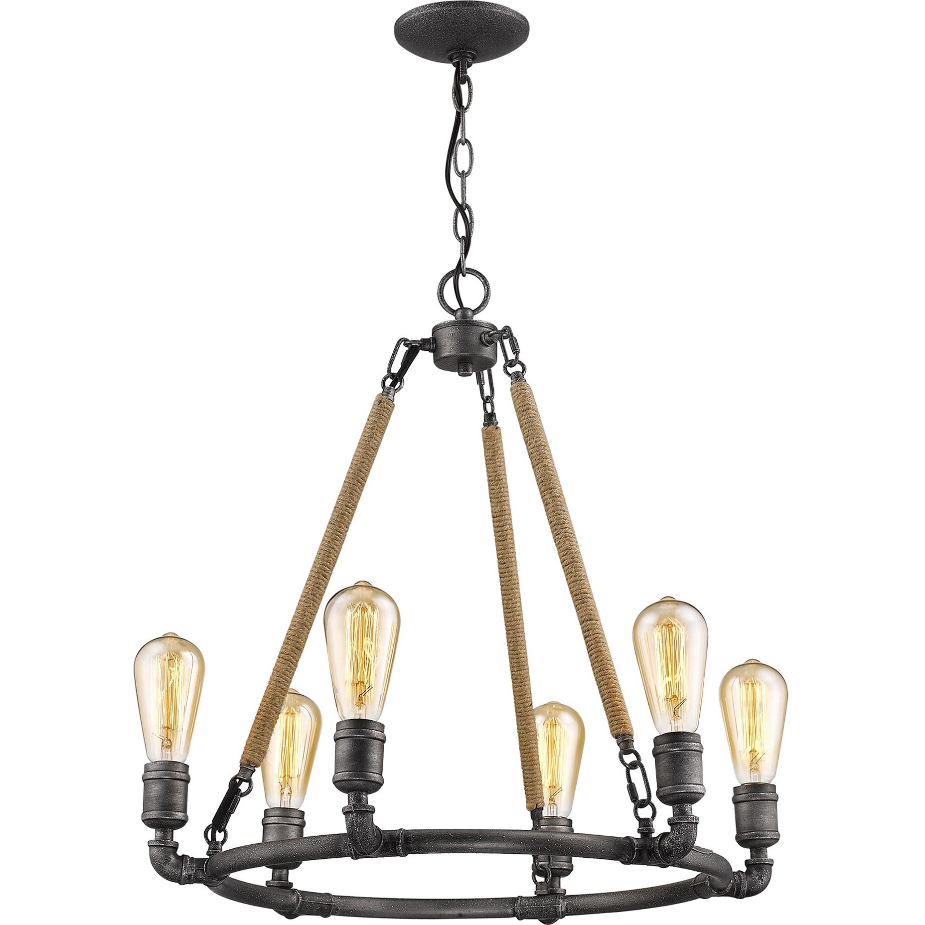 Grayson 6-Light Antique Gray Chandelier With Jute Wrapped Uprights