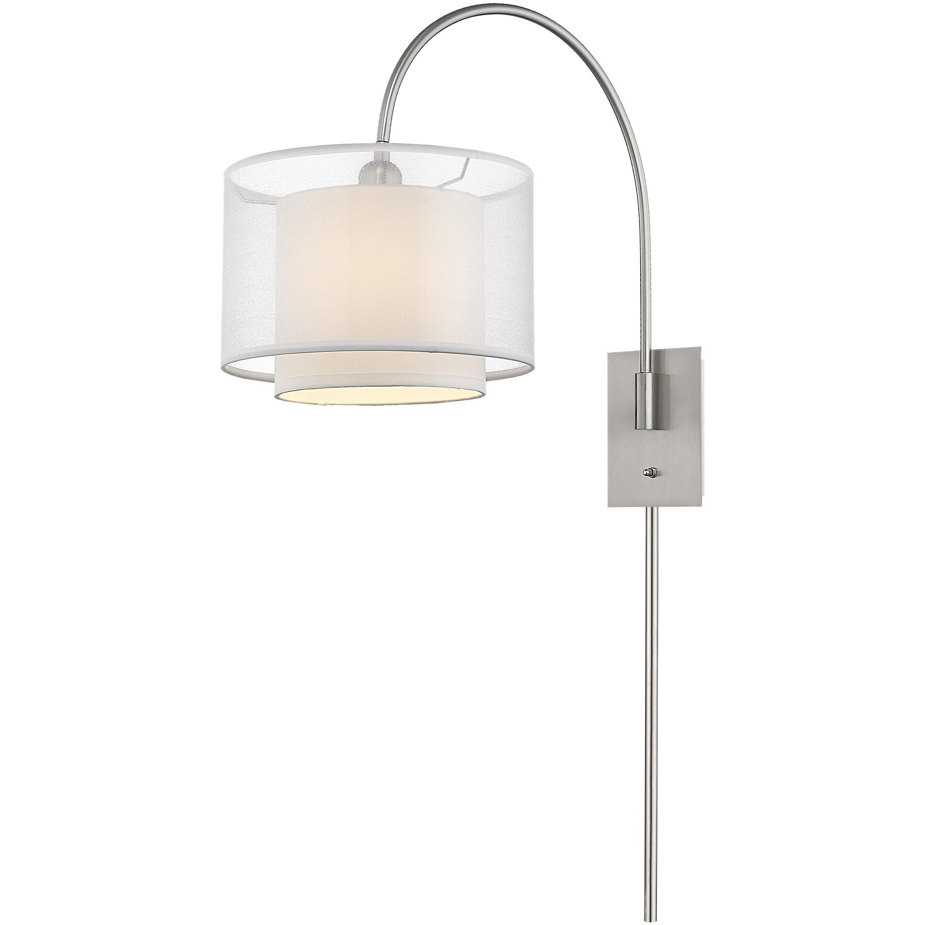 Brella 1-Light Brushed Nickel Swivel Wall Lamp With Sheer Snow Shantung Two Tier Shade