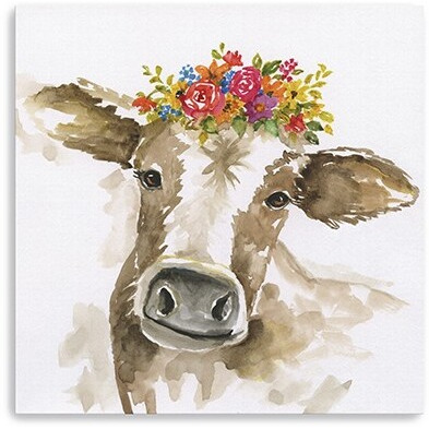 20"" Watercolor Floral Cow Canvas Wall Art