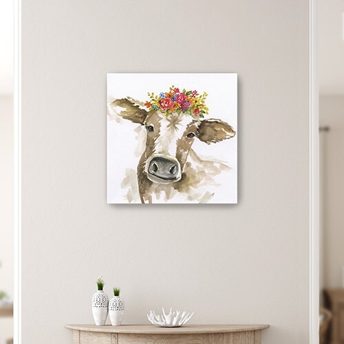 20"" Watercolor Floral Cow Canvas Wall Art