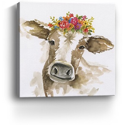 20"" Watercolor Floral Cow Canvas Wall Art