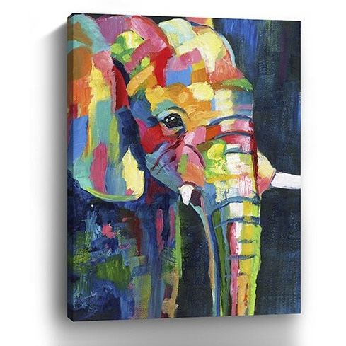 24"" Bright Multi Color Elephant Canvas Wall Art