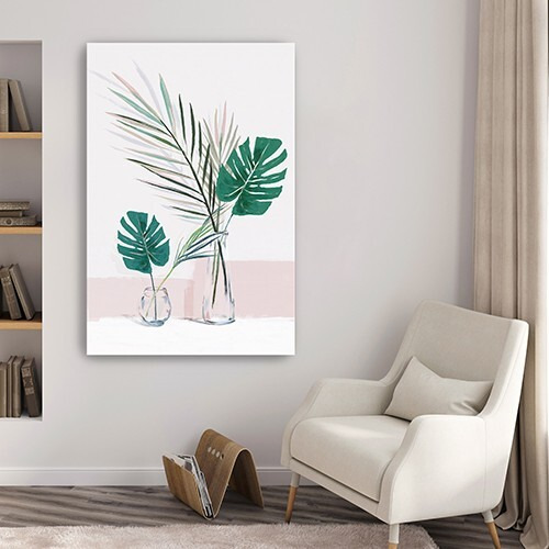 24"" Pretty Green Foliage Leaves Pink Canvas Wall Art