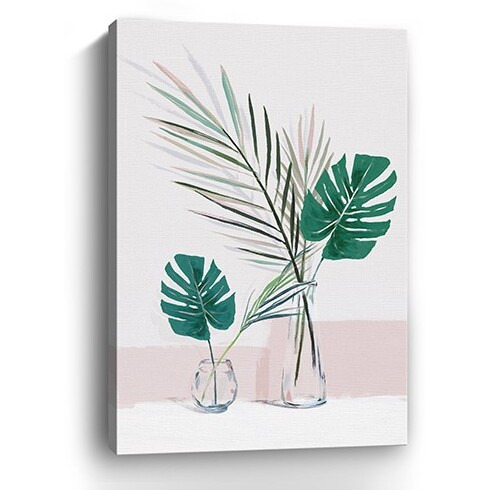 24"" Pretty Green Foliage Leaves Pink Canvas Wall Art