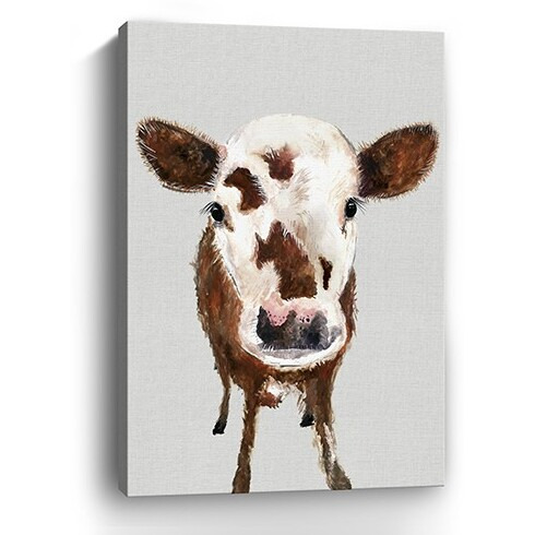 48"" X 32"" Brown And White Baby Cow Face Canvas Wall Art