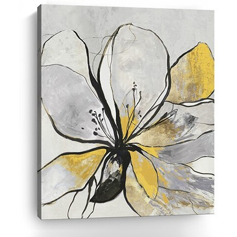 20"" Modern Yellow And Black Flower In Bloom Canvas Wall Art