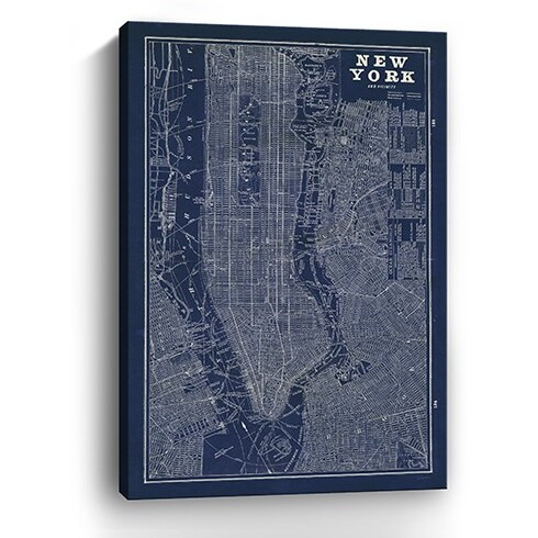 48"" X 32"" Indigo And White Aerial New York Map Canvas Wall Art