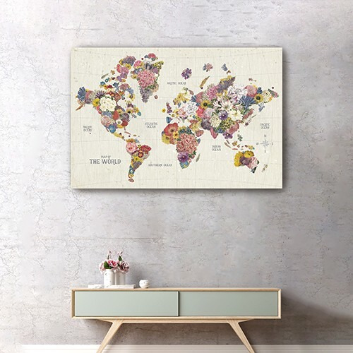 24"" X 16"" Fun Floral Map Of The World Canvas Wall Art