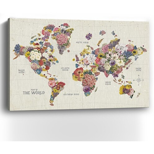 24"" X 16"" Fun Floral Map Of The World Canvas Wall Art