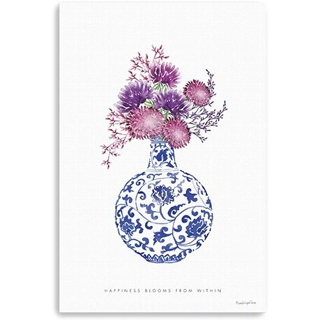 48"" X 32"" Blue And White Happiness Floral Vase Canvas Wall Art