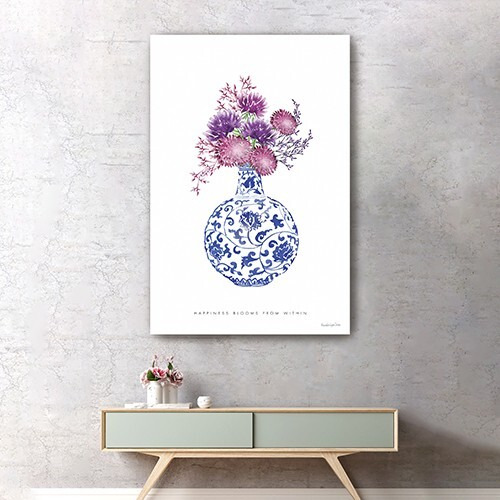 48"" X 32"" Blue And White Happiness Floral Vase Canvas Wall Art