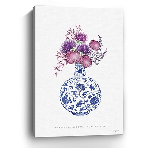 48"" X 32"" Blue And White Happiness Floral Vase Canvas Wall Art