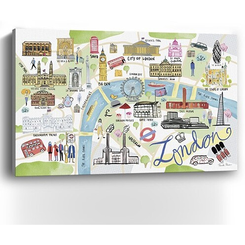 24"" Fun Illustrated London Map Canvas Wall Art