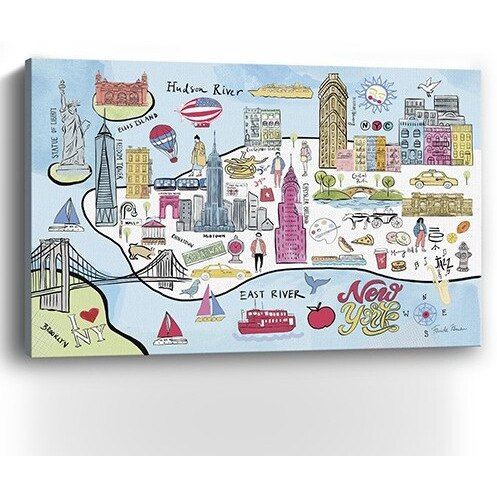 48"" Fun Illustrated Nyc Map Canvas Wall Art