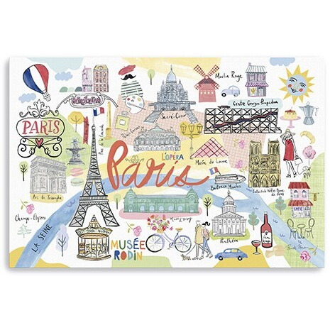 36"" Fun Illustrated Paris Map Canvas Wall Art