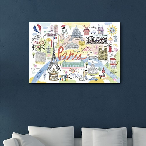 36"" Fun Illustrated Paris Map Canvas Wall Art