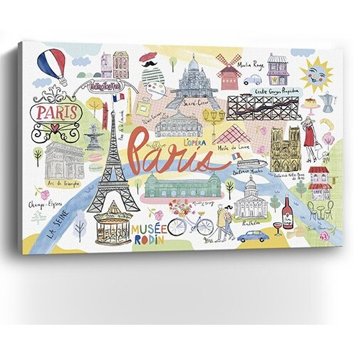 36"" Fun Illustrated Paris Map Canvas Wall Art