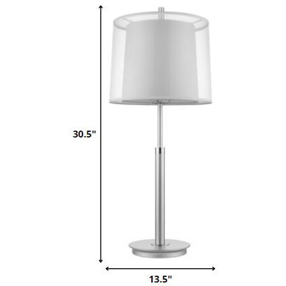 Nimbus 1-Light Metallic Silver And Polished Chrome Table Lamp With Sheer Snow Double Shantung Shade