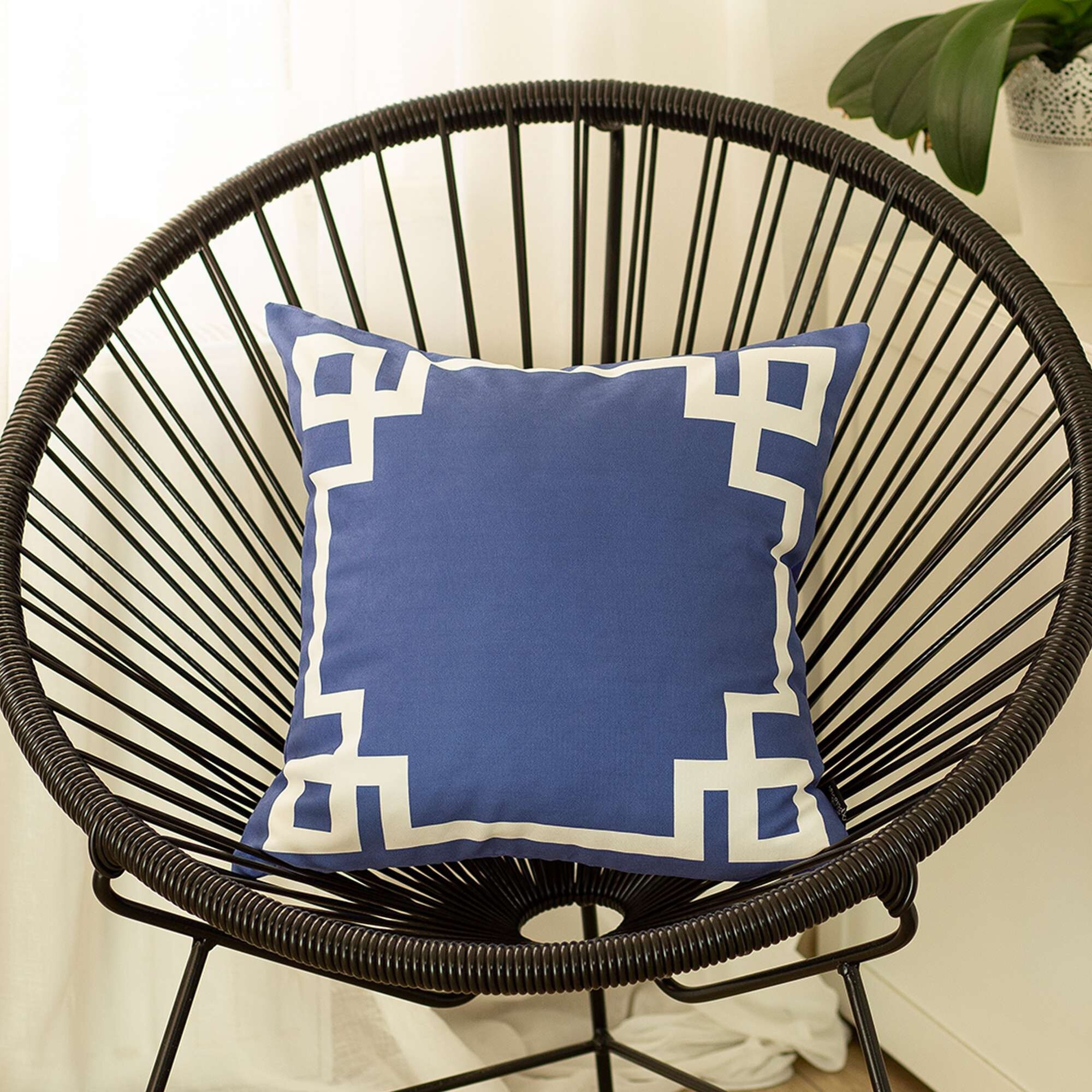 Blue And White Geometric Border Throw Pillow