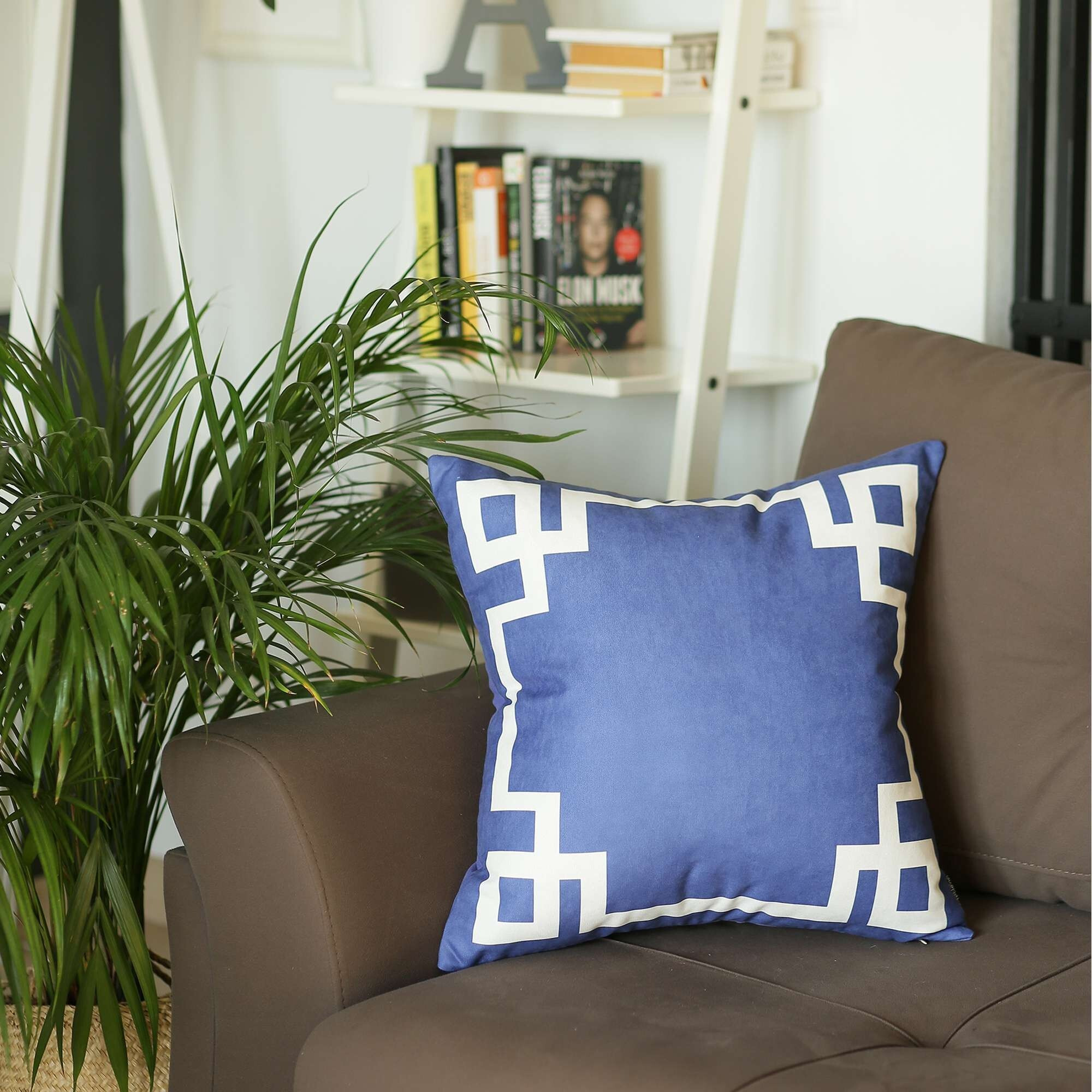 Blue And White Geometric Border Throw Pillow