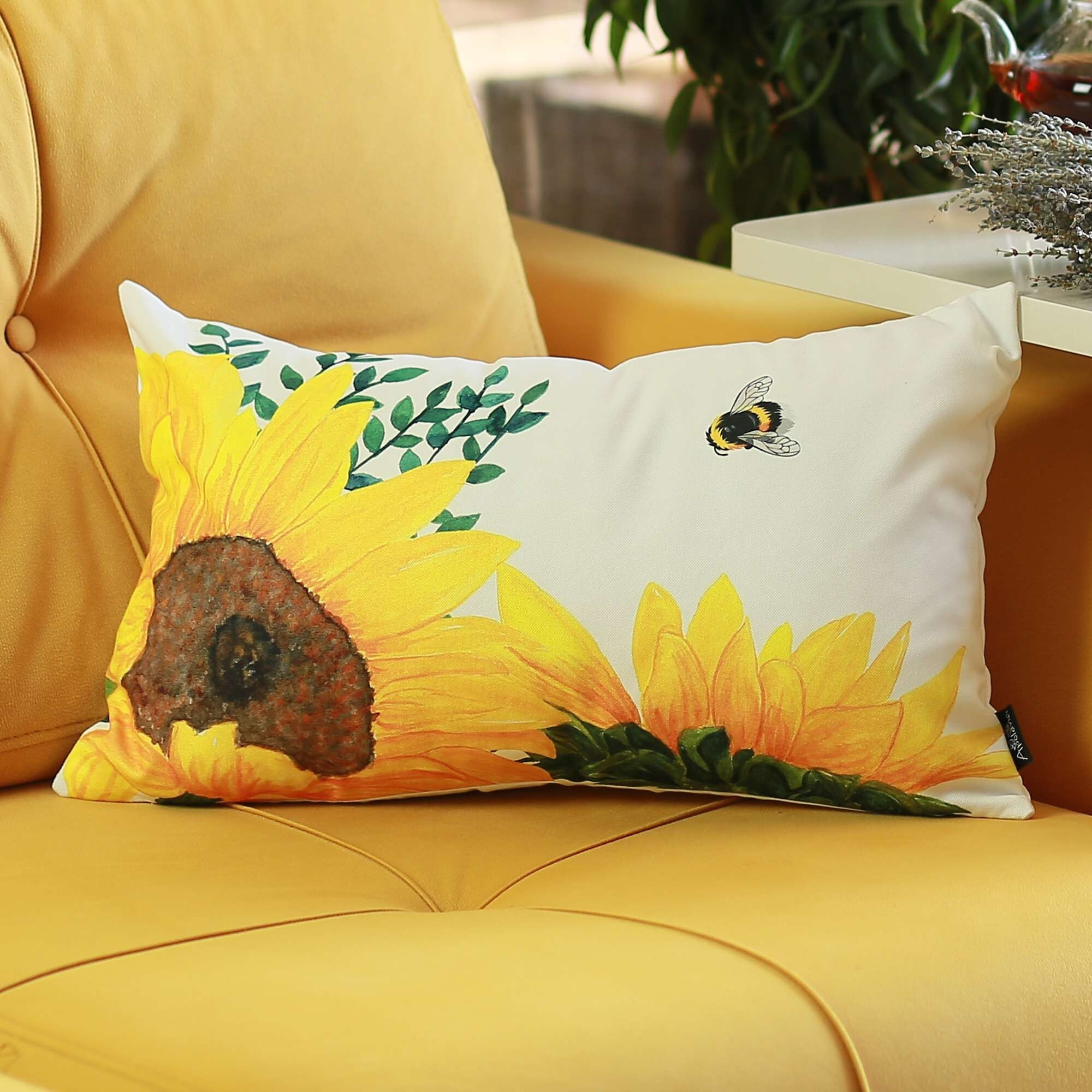 Sunflowers And Bee Lumbar Throw Pillow