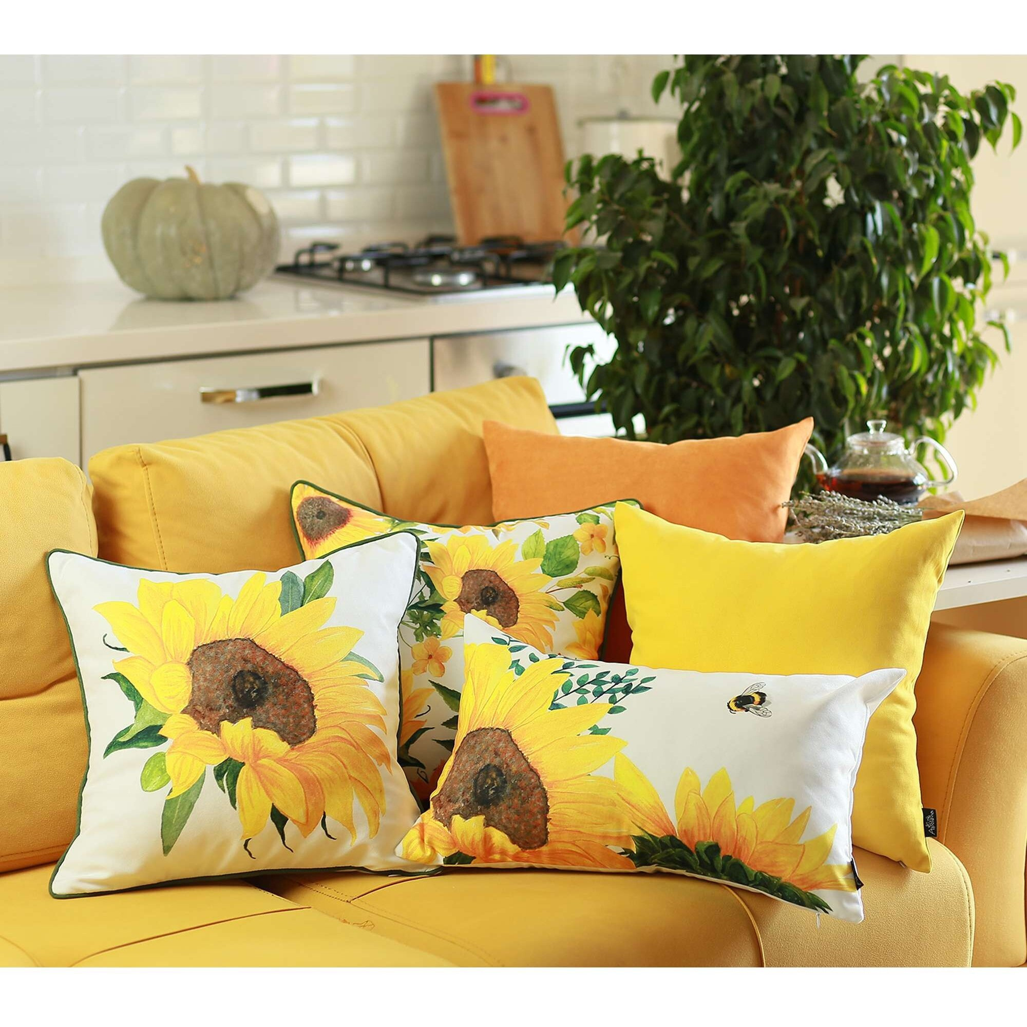 Sunflowers And Bee Lumbar Throw Pillow