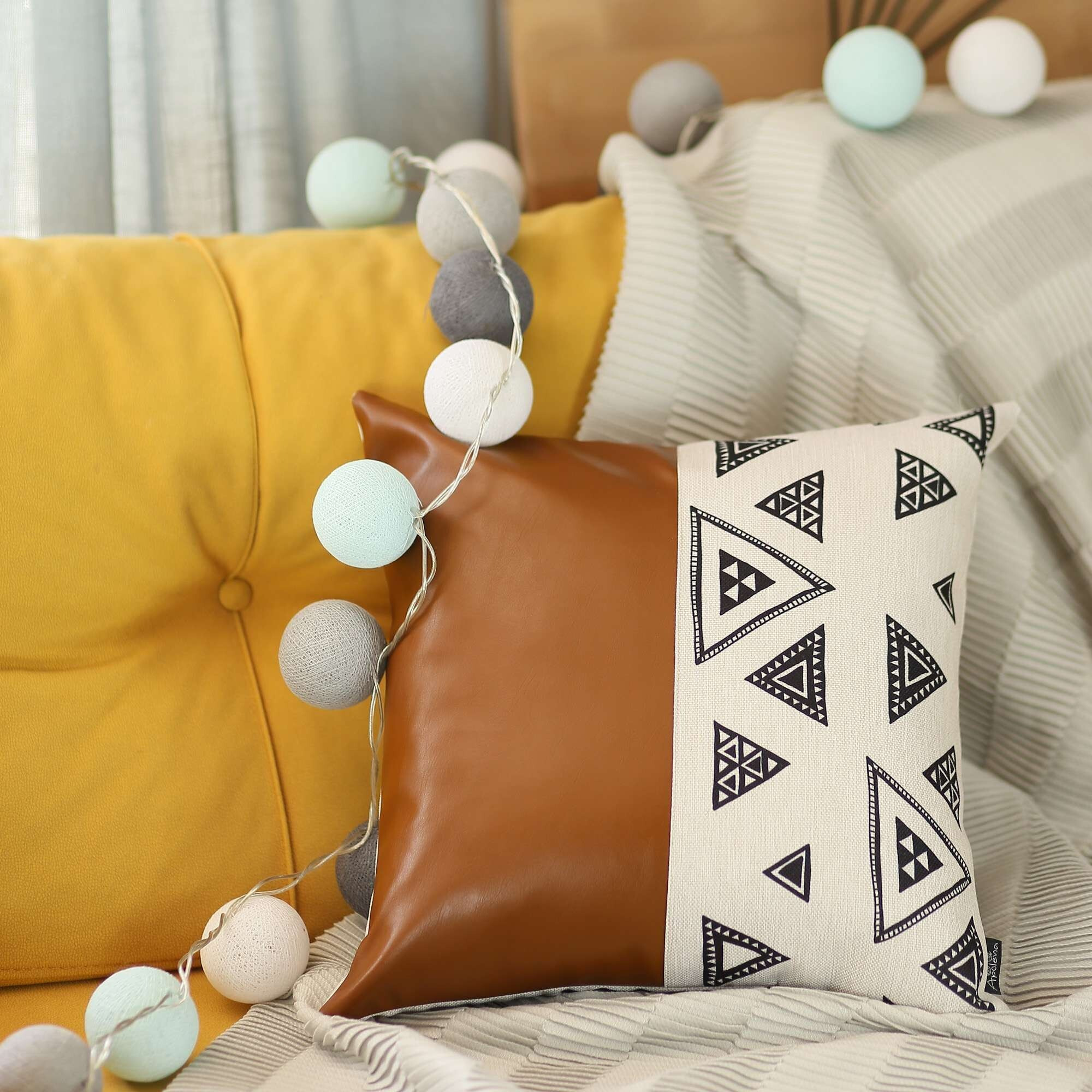 Triangular Motifs And Brown Faux Leather Throw Pillow