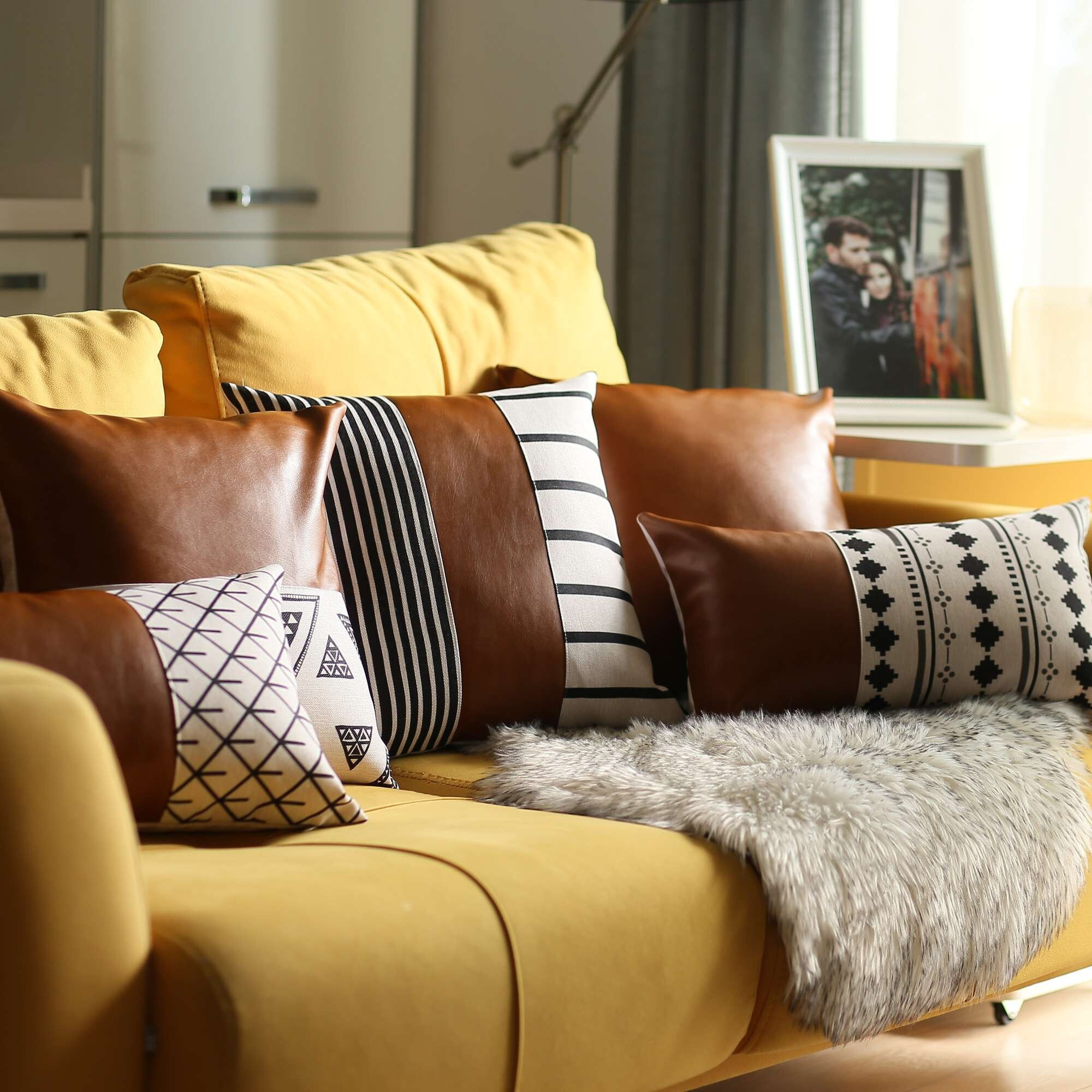 Triangular Motifs And Brown Faux Leather Throw Pillow