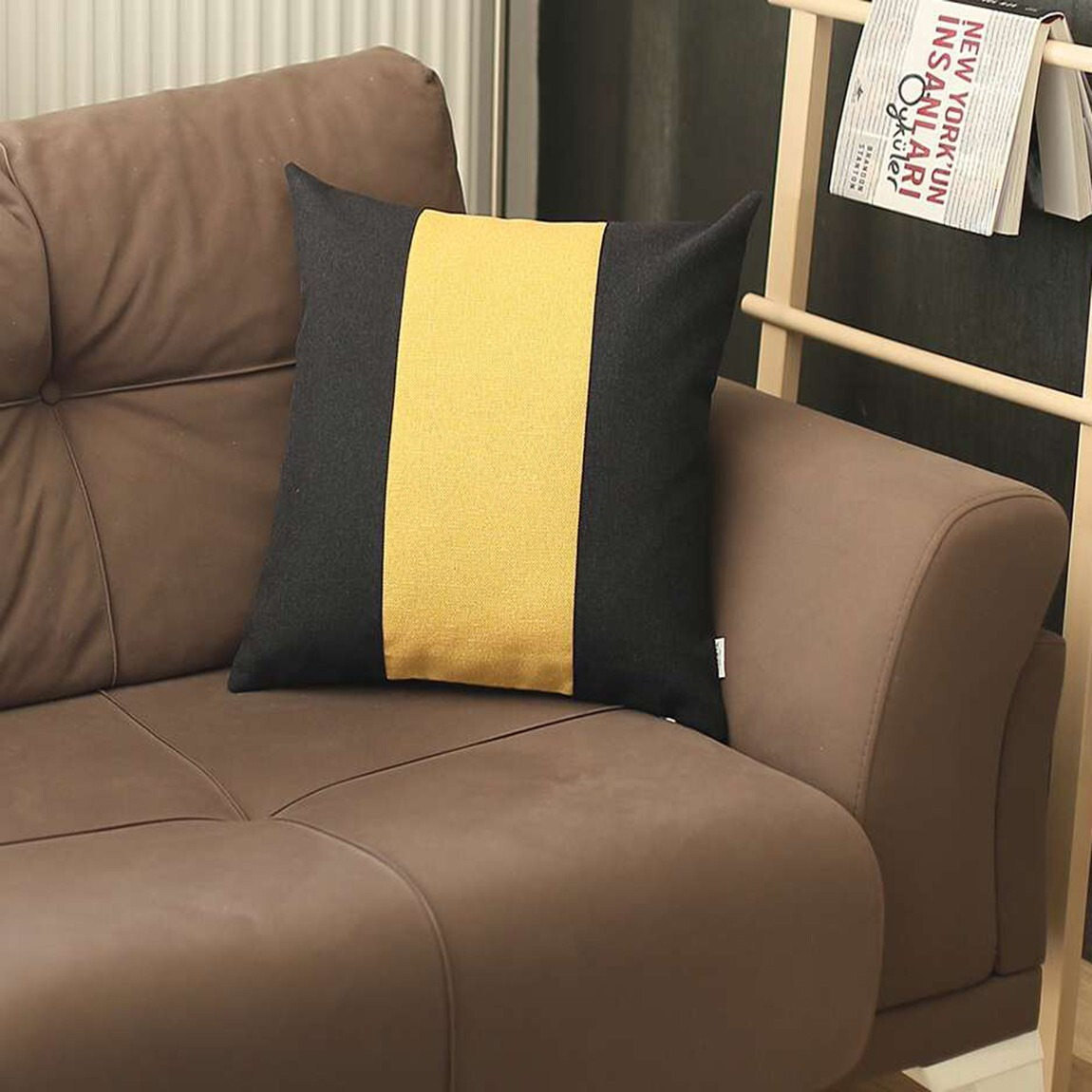 Black And Yellow Centered Strap Throw Pillow