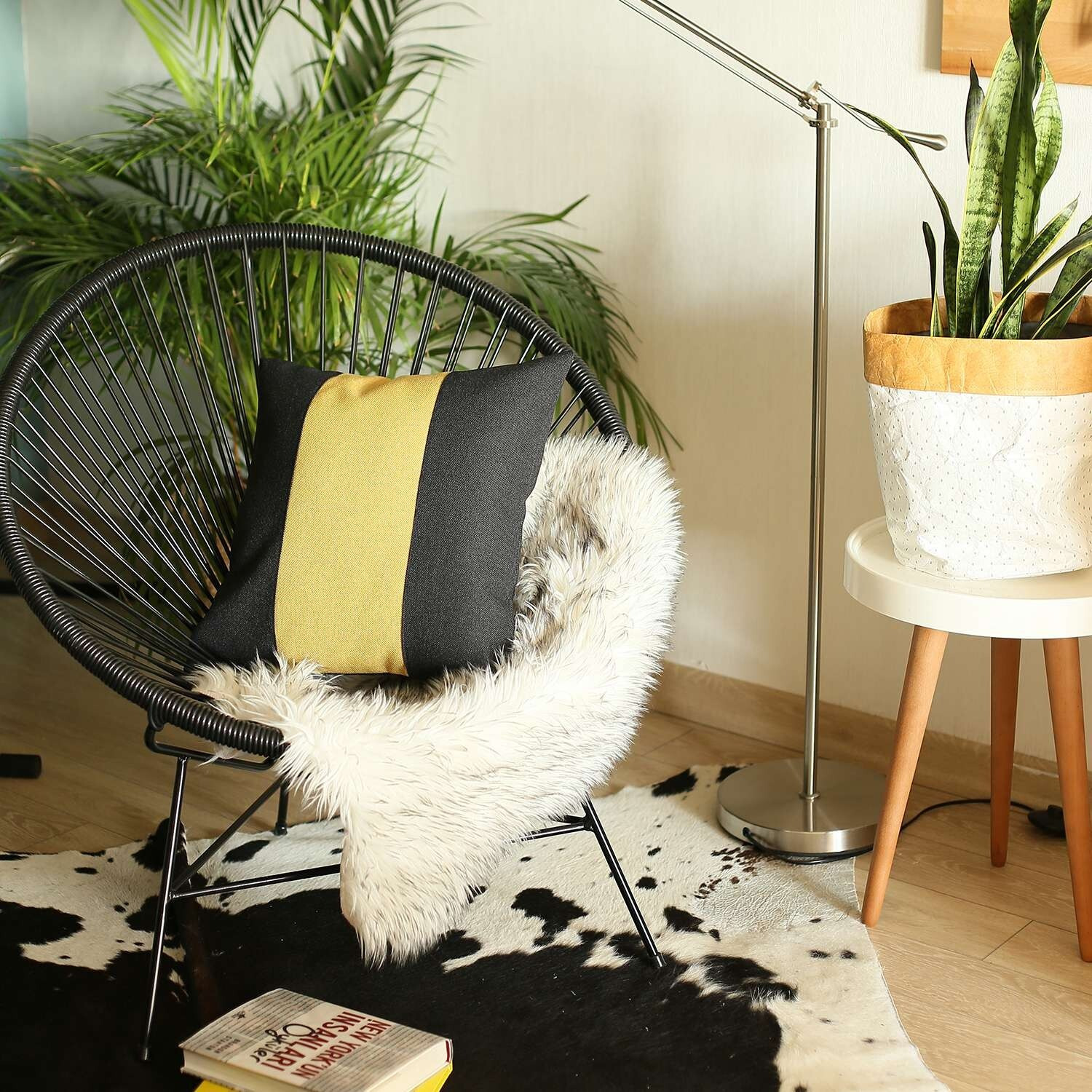 Black And Yellow Centered Strap Throw Pillow