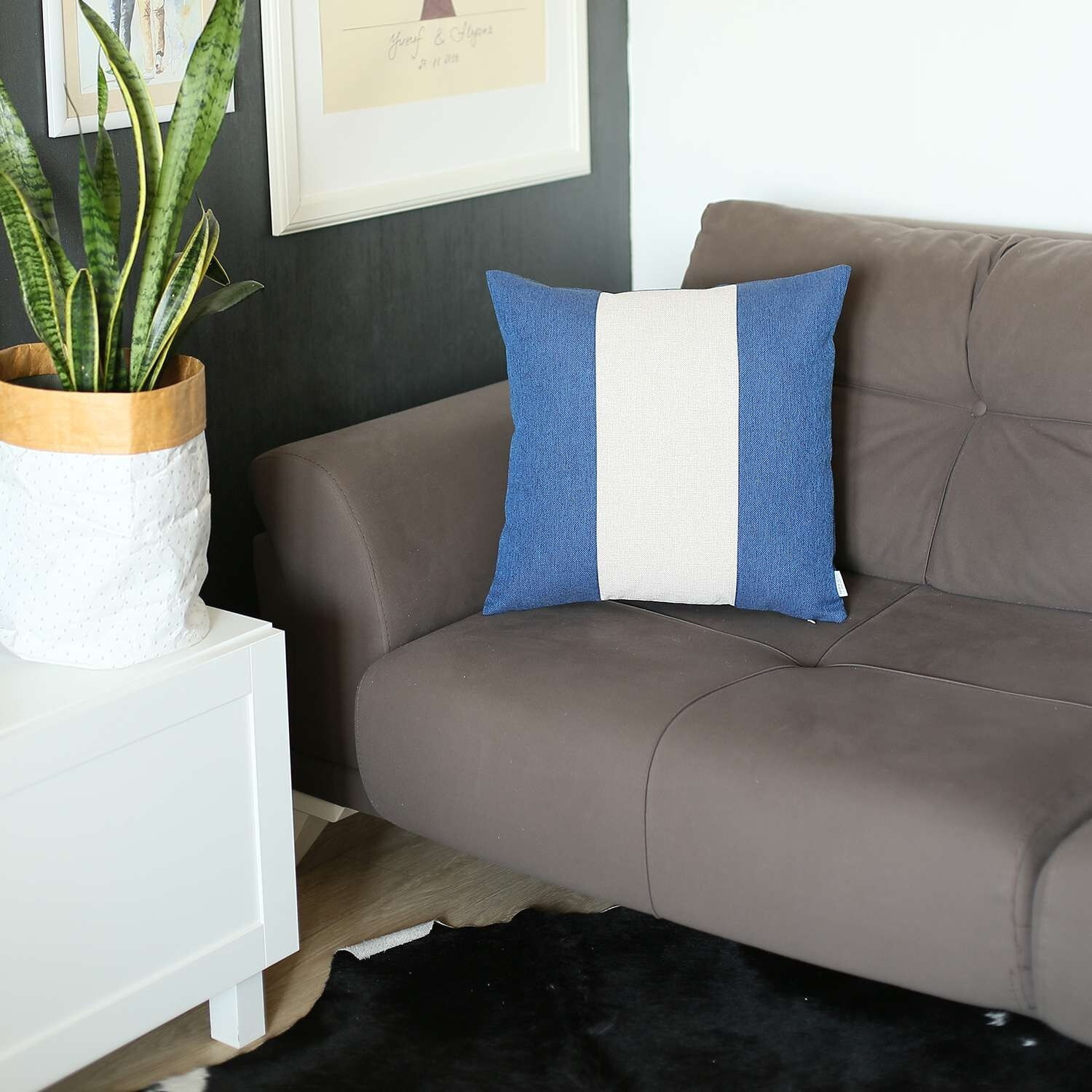 Blue And White Centered Strap Throw Pillow